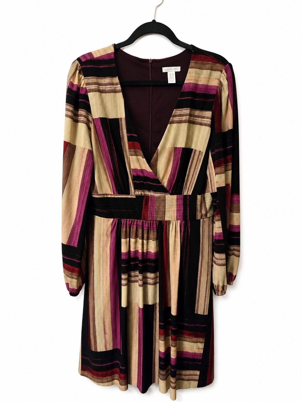 London Times Striped V-Neck Dress in Black, Cream & Pink